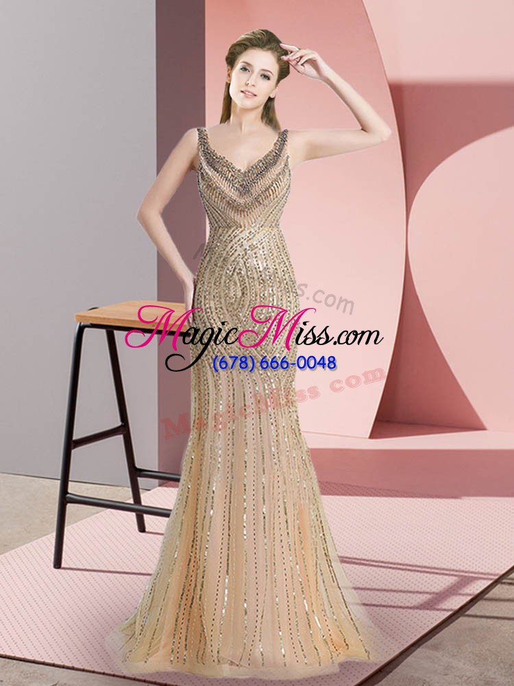 wholesale champagne prom gown prom and military ball and sweet 16 with beading and sequins straps sleeveless brush train zipper