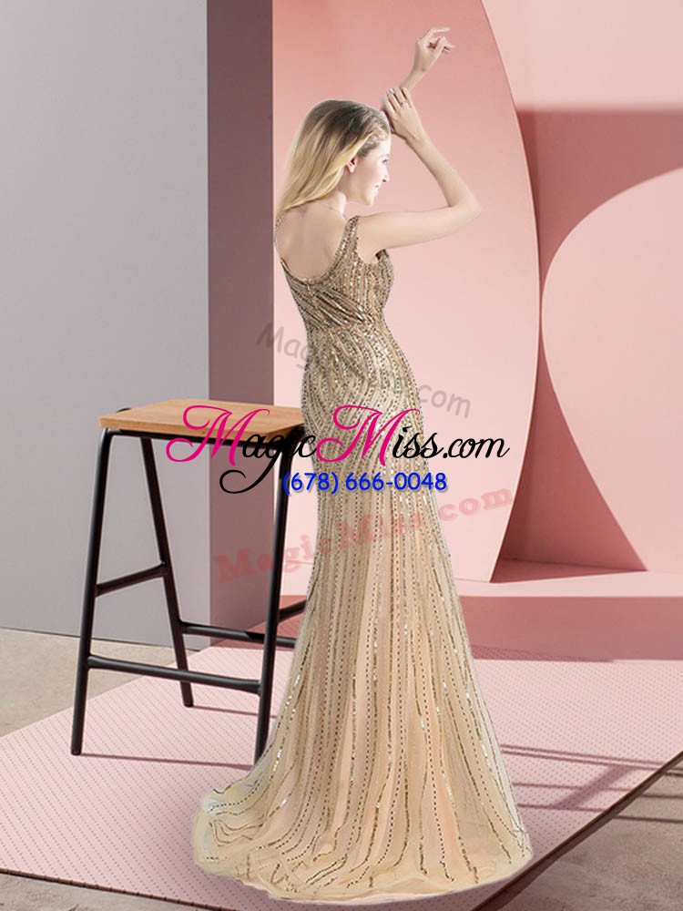wholesale champagne prom gown prom and military ball and sweet 16 with beading and sequins straps sleeveless brush train zipper