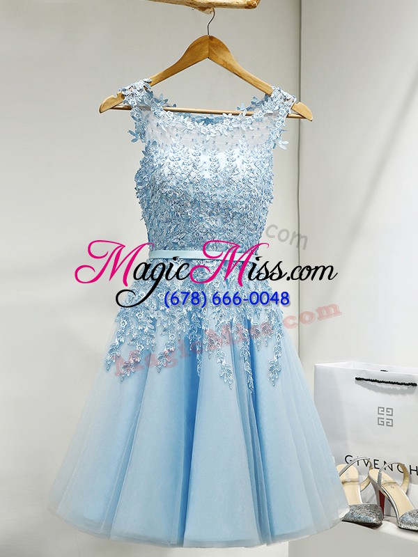 wholesale baby blue tulle zipper bridesmaid dress sleeveless mini length lace