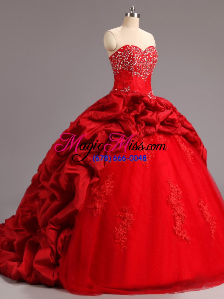 wholesale red ball gowns beading and appliques and pick ups ball gown prom dress lace up taffeta and tulle sleeveless