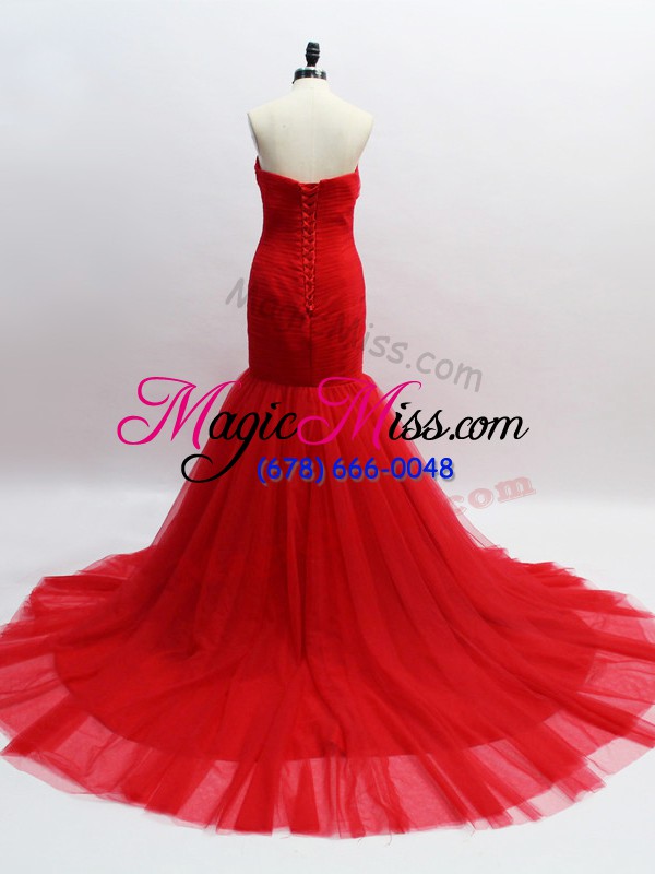 wholesale red sleeveless ruching lace up formal evening gowns