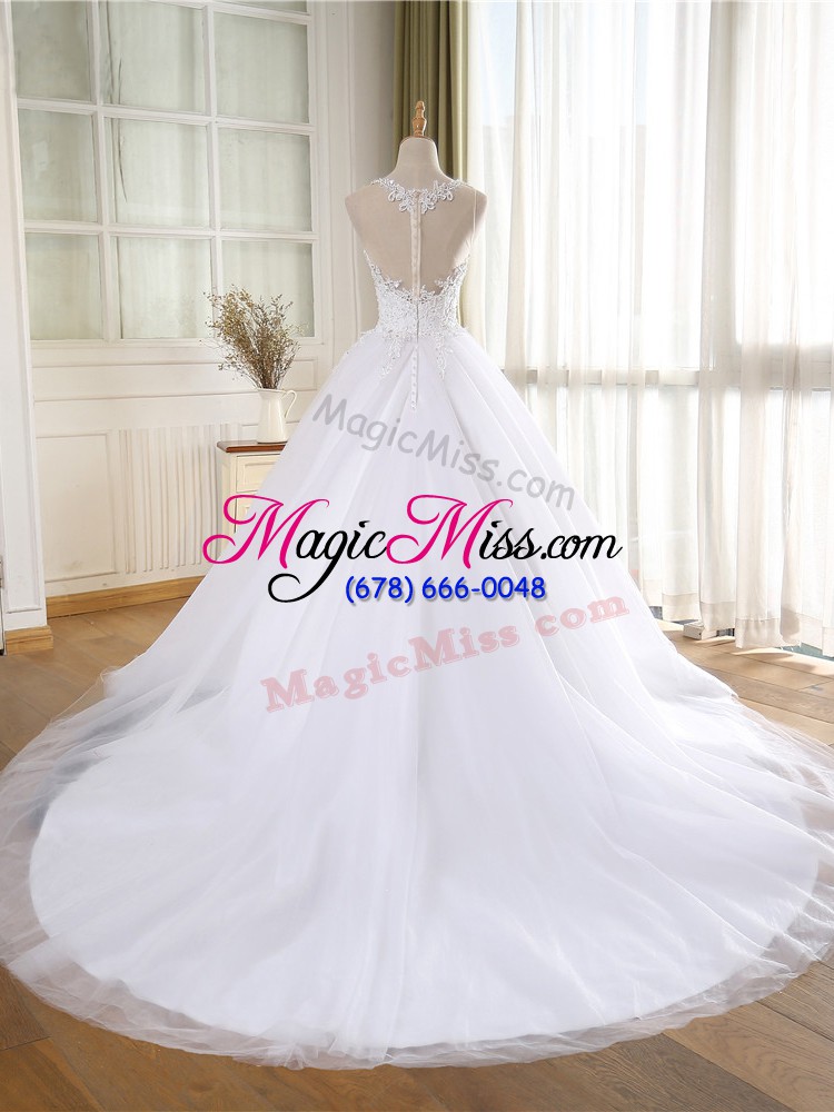 wholesale exquisite white a-line scoop sleeveless tulle court train zipper lace and appliques wedding dress