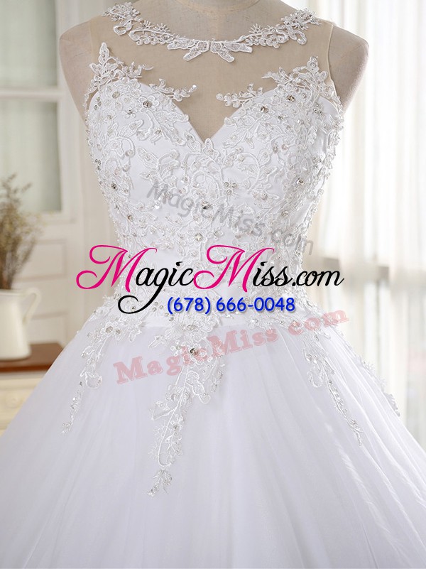 wholesale exquisite white a-line scoop sleeveless tulle court train zipper lace and appliques wedding dress