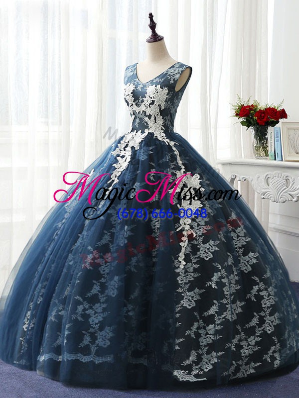 wholesale custom made navy blue lace up quince ball gowns ruffles and pattern sleeveless floor length