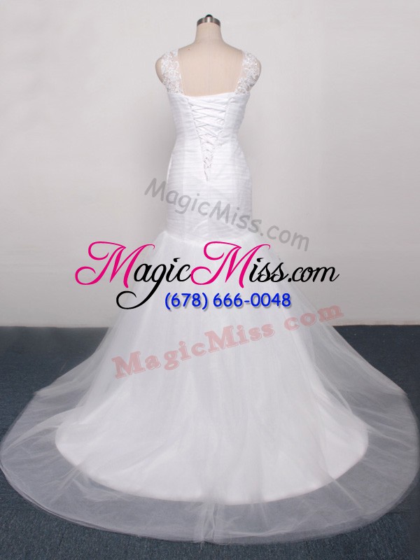 wholesale clearance white scoop neckline lace and appliques and ruching bridal gown sleeveless lace up