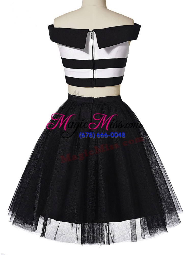 wholesale glorious white and black off the shoulder neckline ruching prom gown sleeveless zipper