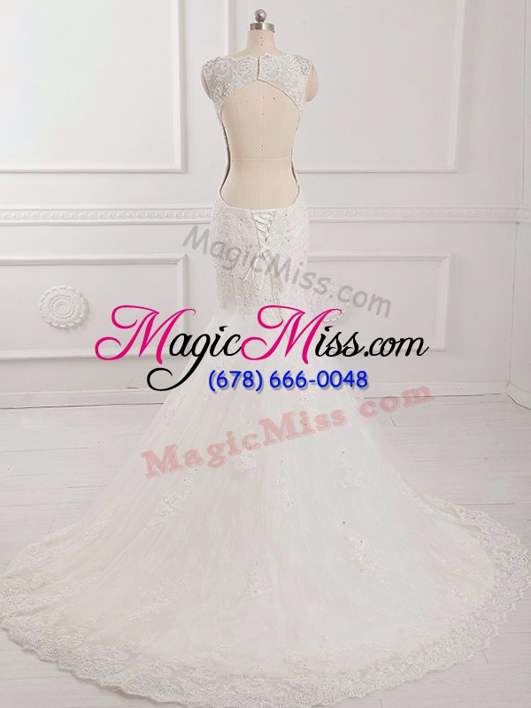 wholesale great sleeveless brush train backless beading and lace and appliques wedding gowns
