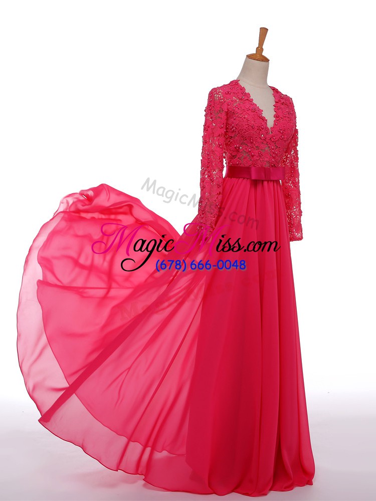 wholesale sweet chiffon v-neck long sleeves zipper lace and appliques and belt mother of the bride dress in hot pink