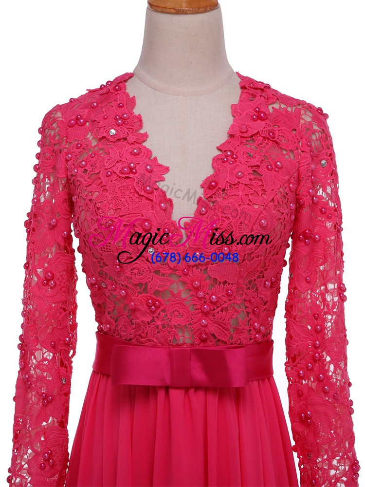 wholesale sweet chiffon v-neck long sleeves zipper lace and appliques and belt mother of the bride dress in hot pink