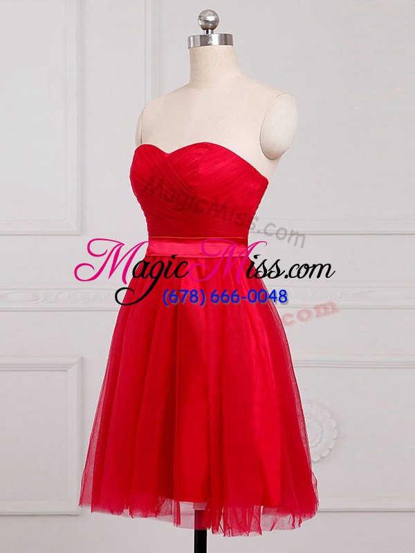 wholesale modest red zipper sweetheart ruching bridesmaid dress tulle sleeveless