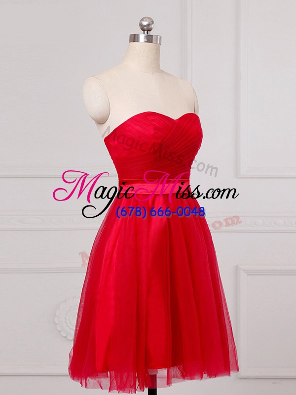 wholesale modest red zipper sweetheart ruching bridesmaid dress tulle sleeveless