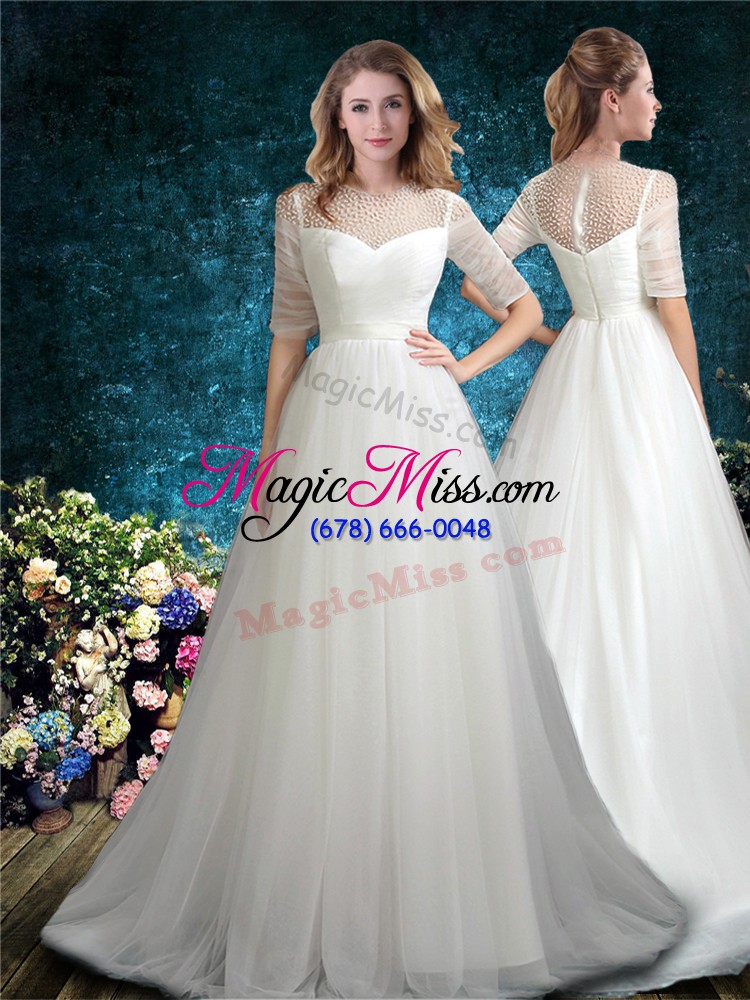 wholesale a-line half sleeves white wedding gowns brush train zipper