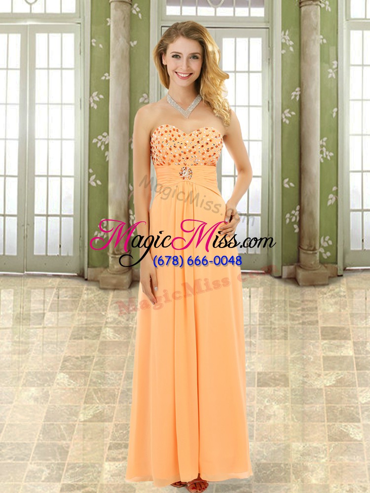 wholesale inexpensive orange empire chiffon sweetheart sleeveless beading and ruffles floor length lace up prom dress