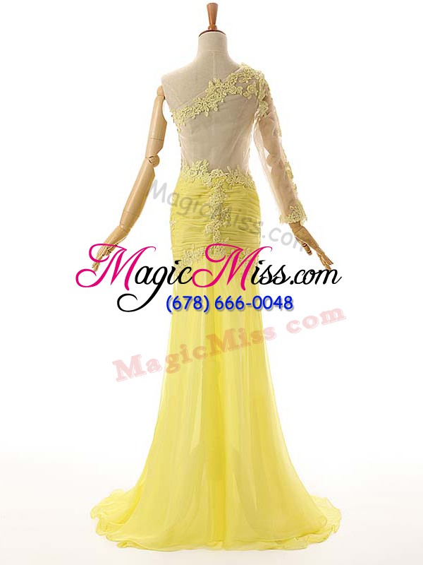 wholesale simple light yellow sleeveless floor length lace and appliques side zipper evening gowns
