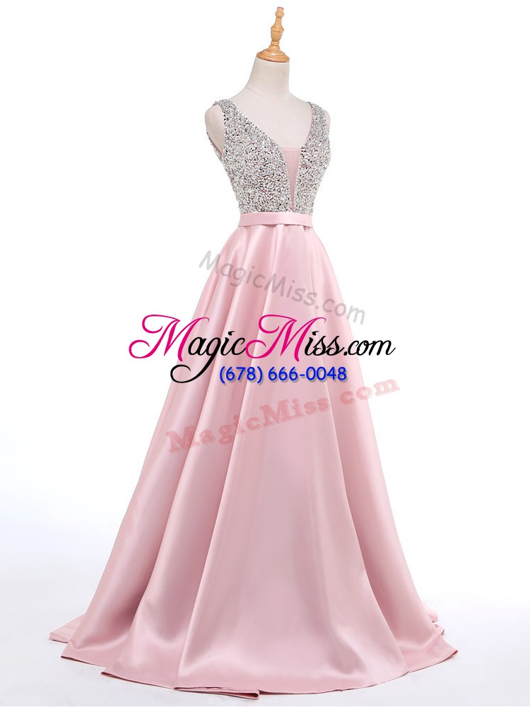 wholesale spectacular baby pink backless prom dresses beading sleeveless brush train