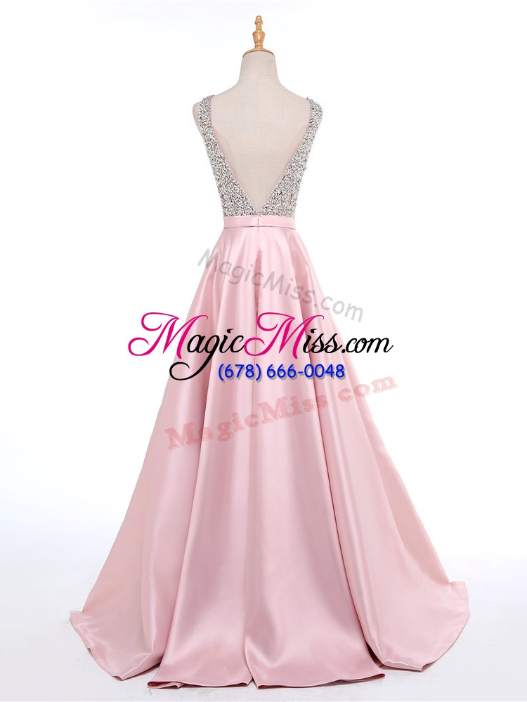 wholesale spectacular baby pink backless prom dresses beading sleeveless brush train