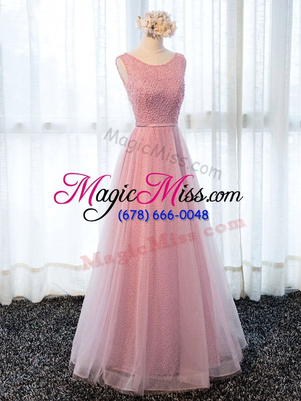 wholesale luxurious sleeveless floor length beading and belt zipper prom gown with pink