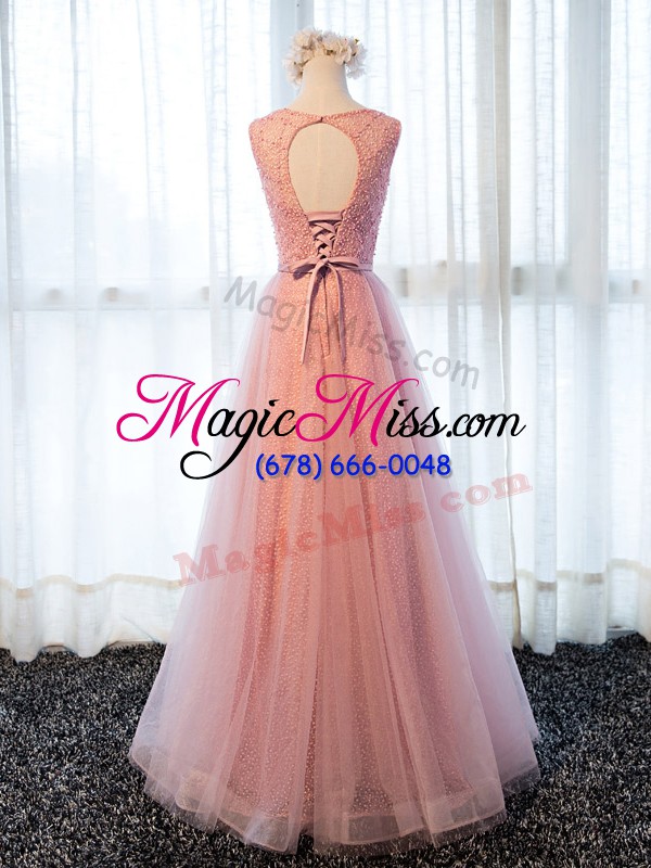 wholesale luxurious sleeveless floor length beading and belt zipper prom gown with pink