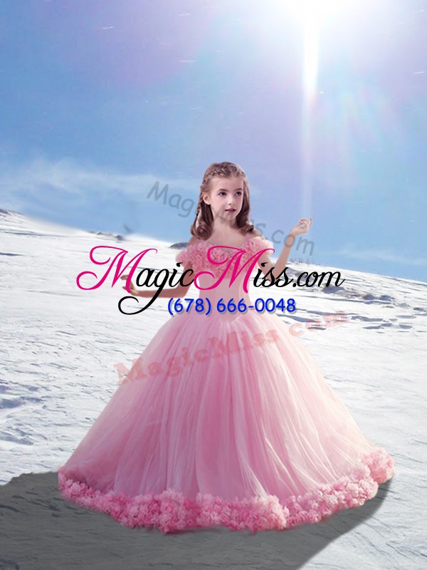 wholesale baby pink little girls pageant dress wholesale off the shoulder sleeveless court train lace up