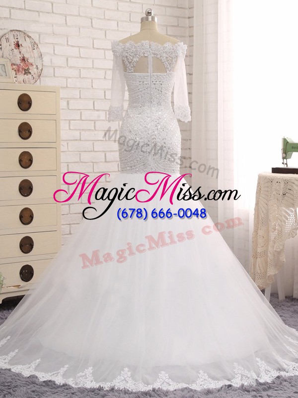 wholesale sophisticated tulle off the shoulder sleeveless zipper beading and lace wedding dress in white