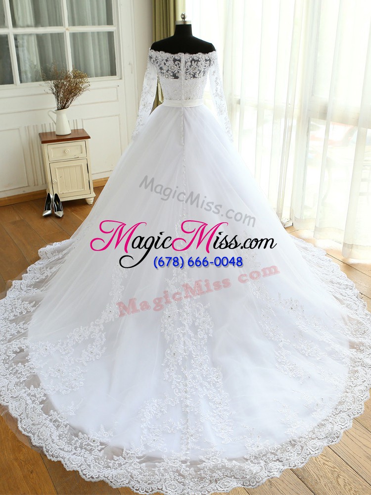 wholesale eye-catching tulle long sleeves wedding gowns court train and beading and lace and appliques