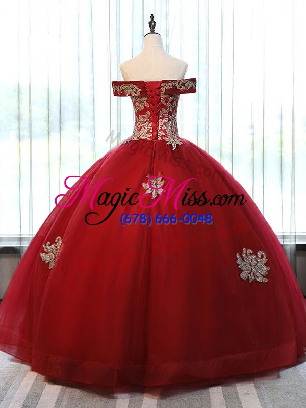 wholesale glittering tulle off the shoulder sleeveless lace up beading and appliques quinceanera dresses in wine red