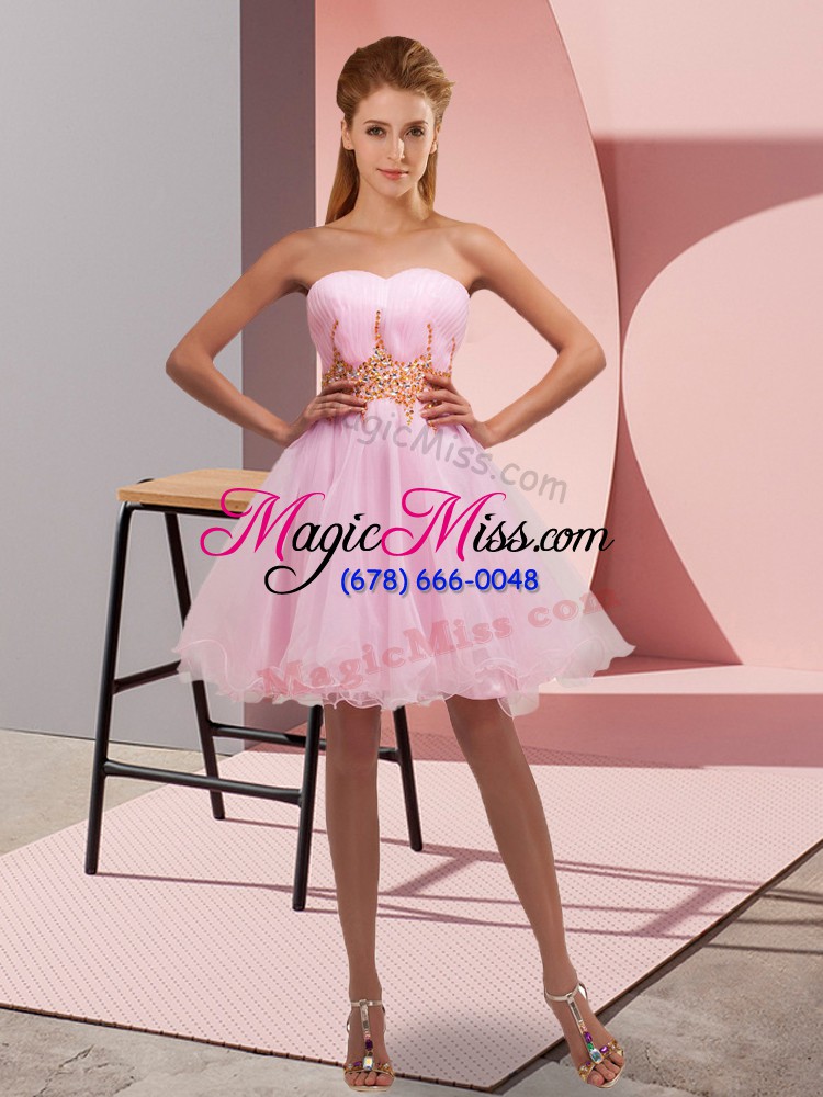 wholesale sleeveless organza mini length lace up homecoming dress in baby pink with beading and ruching