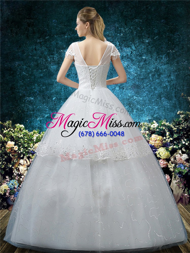 wholesale cheap white ball gowns scoop short sleeves tulle floor length lace up embroidery wedding gown