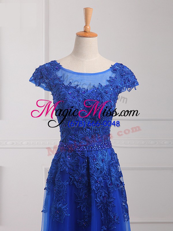 wholesale royal blue junior homecoming dress prom and military ball and sweet 16 with beading and lace and appliques scoop short sleeves lace up