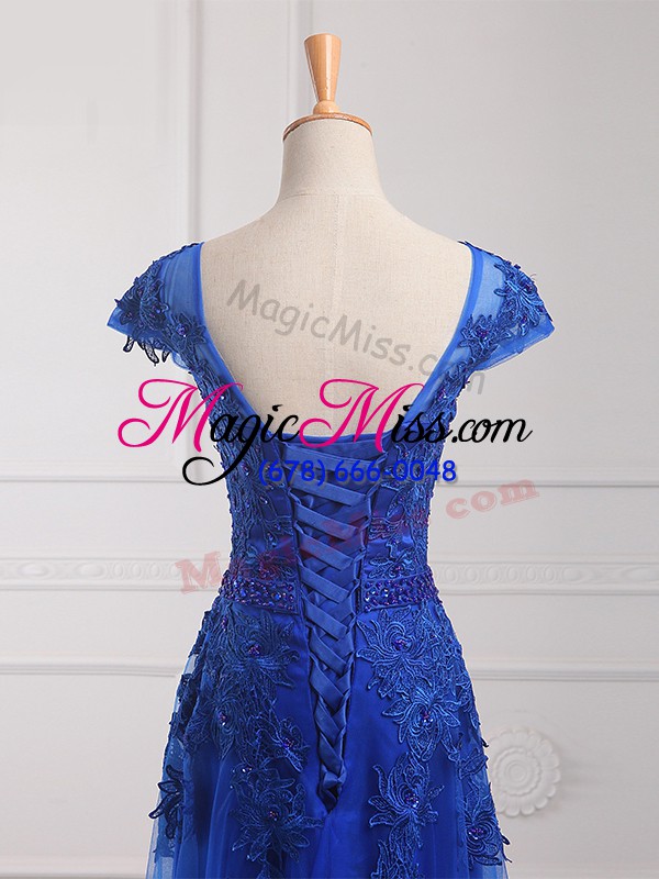 wholesale royal blue junior homecoming dress prom and military ball and sweet 16 with beading and lace and appliques scoop short sleeves lace up