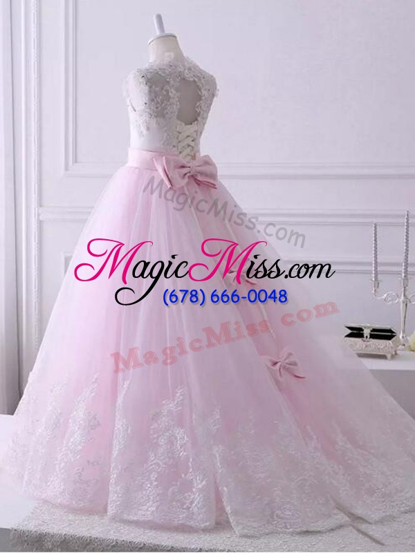 wholesale latest baby pink scalloped lace up lace kids pageant dress brush train sleeveless