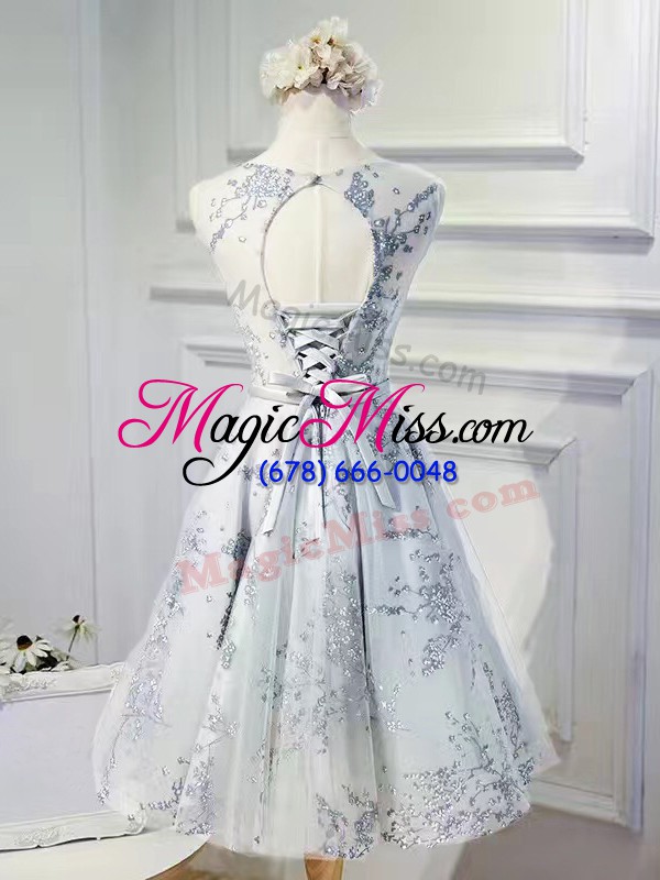 wholesale fantastic mini length grey prom dress organza sleeveless lace and appliques and belt
