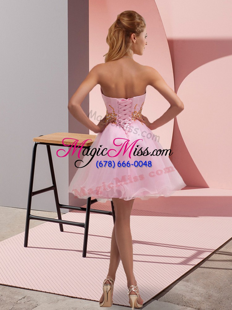 wholesale high class baby pink sweetheart lace up beading and ruching prom dress sleeveless