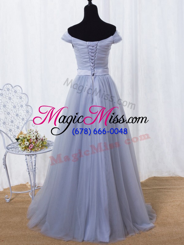 wholesale lavender off the shoulder lace up ruching and belt prom party dress sleeveless