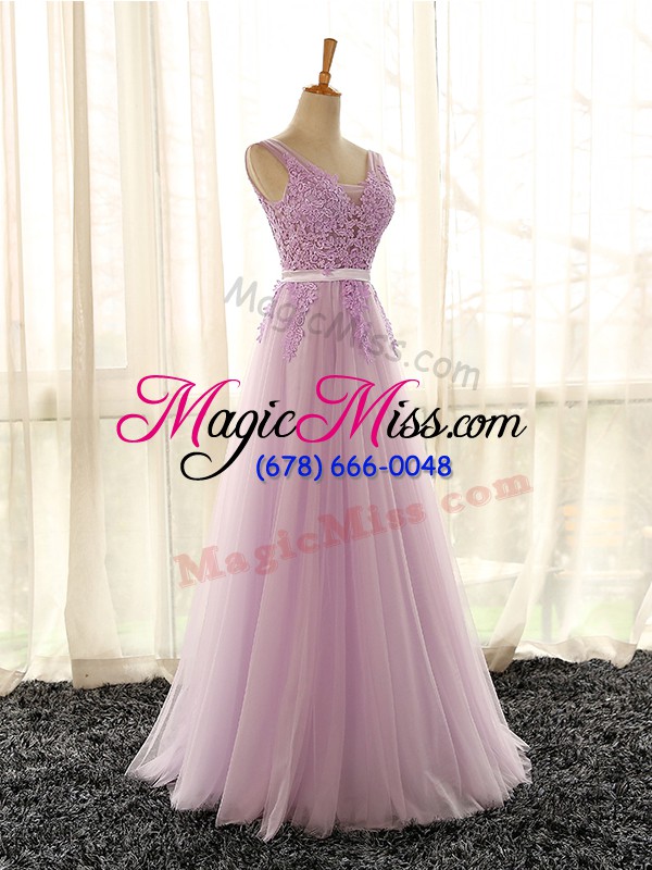 wholesale adorable v-neck sleeveless tulle bridesmaid gown appliques lace up