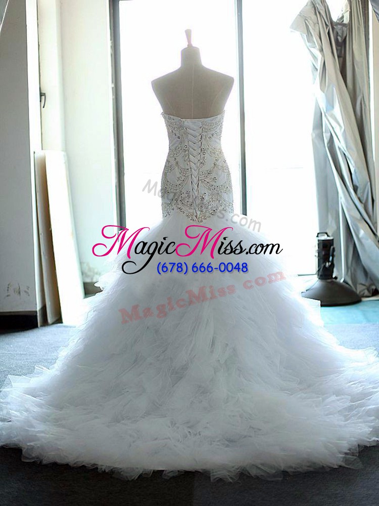 wholesale beauteous white mermaid beading and ruffles wedding gown lace up tulle sleeveless