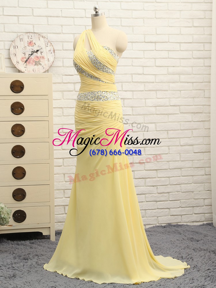 wholesale classical yellow chiffon zipper prom party dress sleeveless floor length brush train beading and ruching