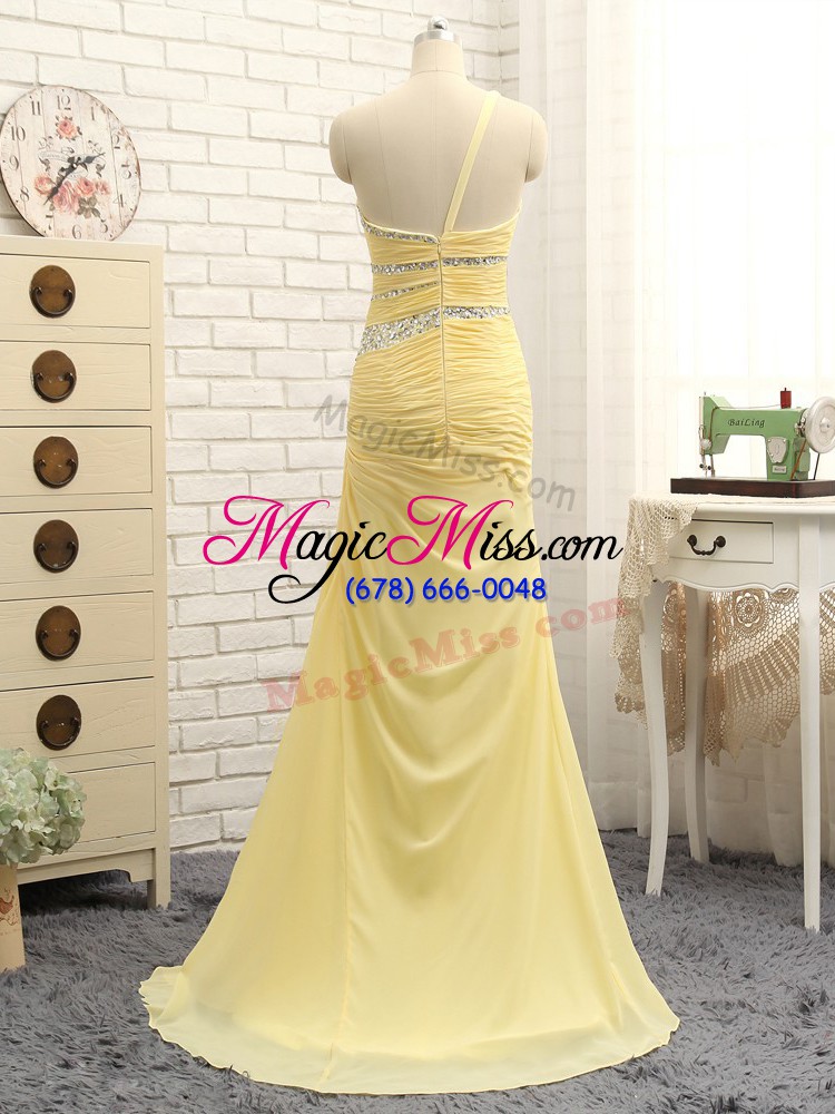 wholesale classical yellow chiffon zipper prom party dress sleeveless floor length brush train beading and ruching