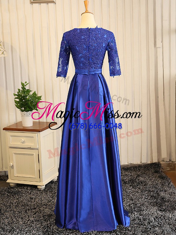 wholesale custom designed half sleeves elastic woven satin floor length zipper in blue with embroidery and belt
