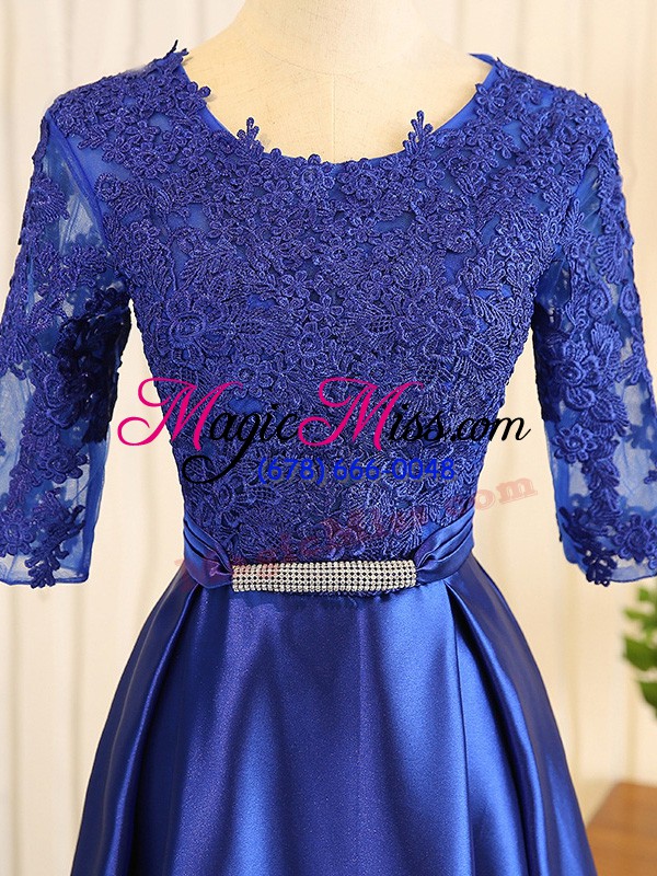 wholesale custom designed half sleeves elastic woven satin floor length zipper in blue with embroidery and belt