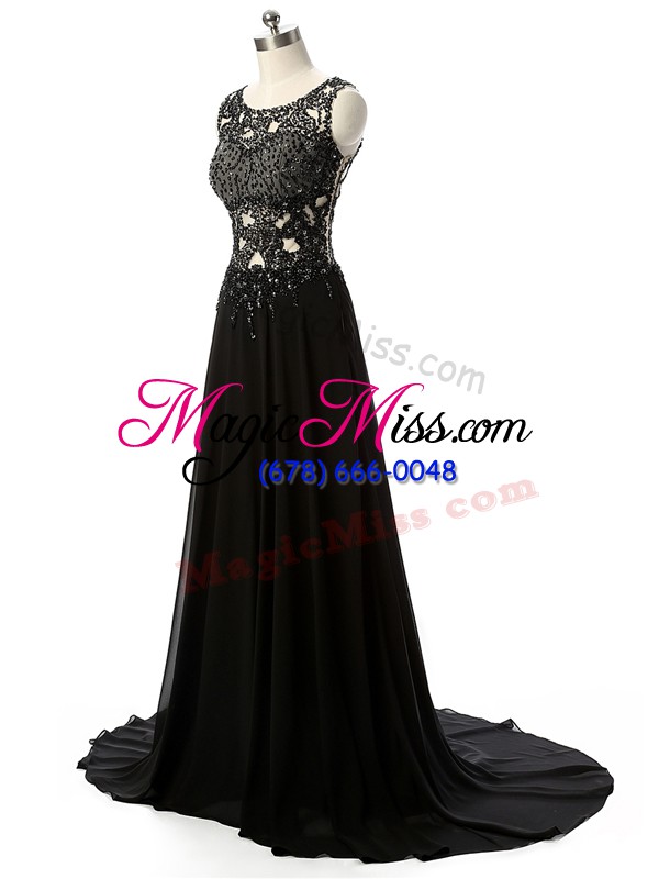 wholesale cute black empire scoop sleeveless chiffon brush train side zipper beading and lace and appliques formal evening gowns