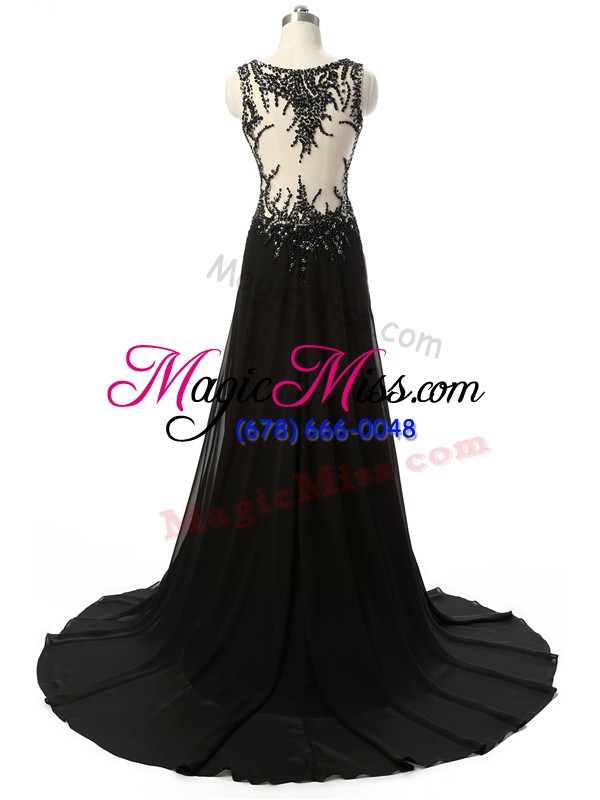 wholesale cute black empire scoop sleeveless chiffon brush train side zipper beading and lace and appliques formal evening gowns