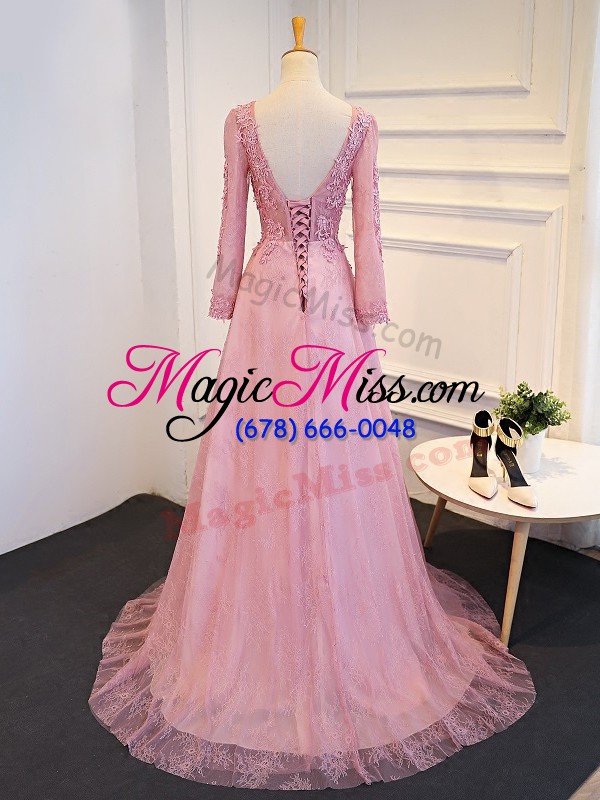 wholesale fantastic pink mother of the bride dress v-neck long sleeves brush train lace up