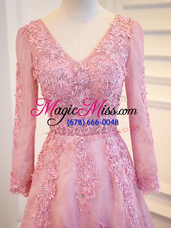 wholesale fantastic pink mother of the bride dress v-neck long sleeves brush train lace up