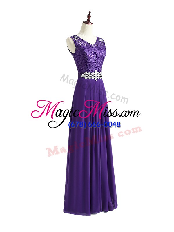 wholesale lavender empire chiffon v-neck sleeveless beading and lace floor length zipper bridesmaid dresses
