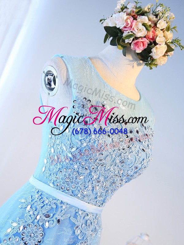 wholesale baby blue evening dress prom and party with beading and lace and appliques and belt scoop sleeveless zipper