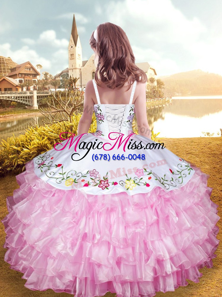 wholesale rose pink sleeveless floor length embroidery and ruffled layers lace up little girl pageant gowns