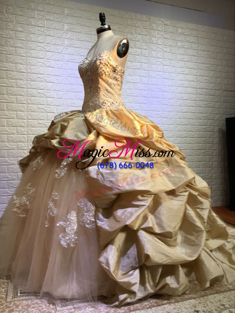 wholesale fabulous gold ball gowns taffeta and tulle sweetheart sleeveless beading and appliques and pick ups lace up 15 quinceanera dress court train