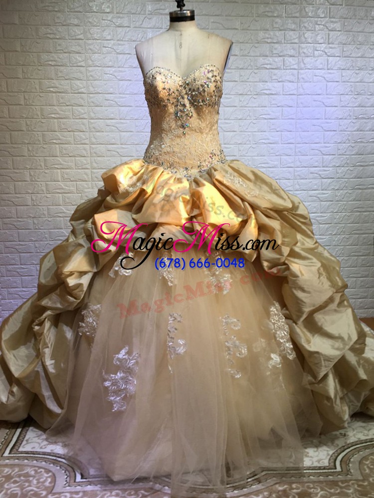 wholesale fabulous gold ball gowns taffeta and tulle sweetheart sleeveless beading and appliques and pick ups lace up 15 quinceanera dress court train