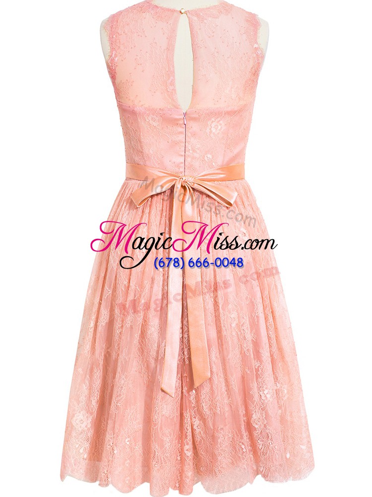 wholesale sleeveless knee length lace zipper quinceanera court of honor dress with peach